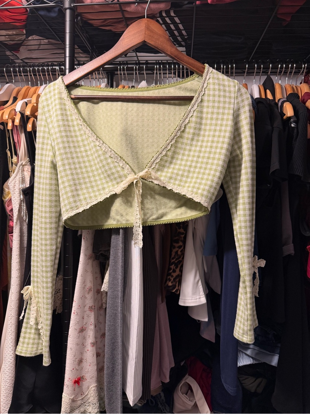Light Green Gingham Lace-Trim Tie-Front Crop Top